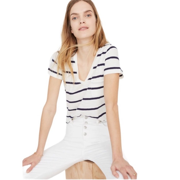 Madewell Tops - Madewell Whisper Cotton V-Neck w/ Pocket - Navy / White Stripes